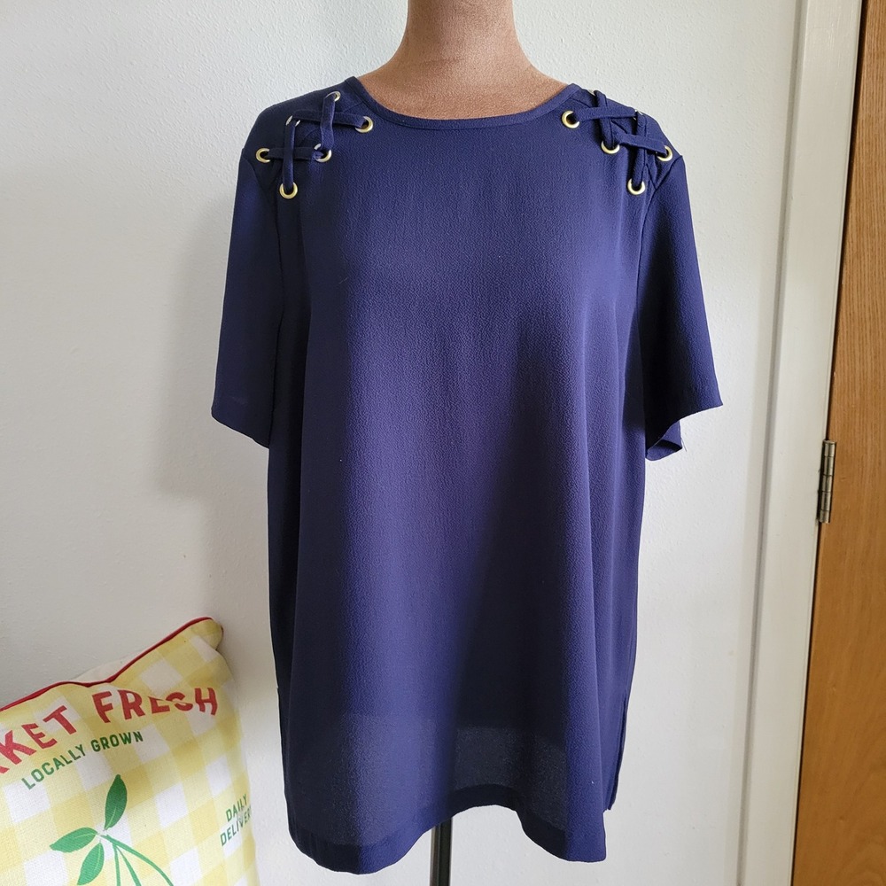 Michael Michael Kors Navy Blue Lace Up Grommet Shoulder Blouse Top Large‎ L